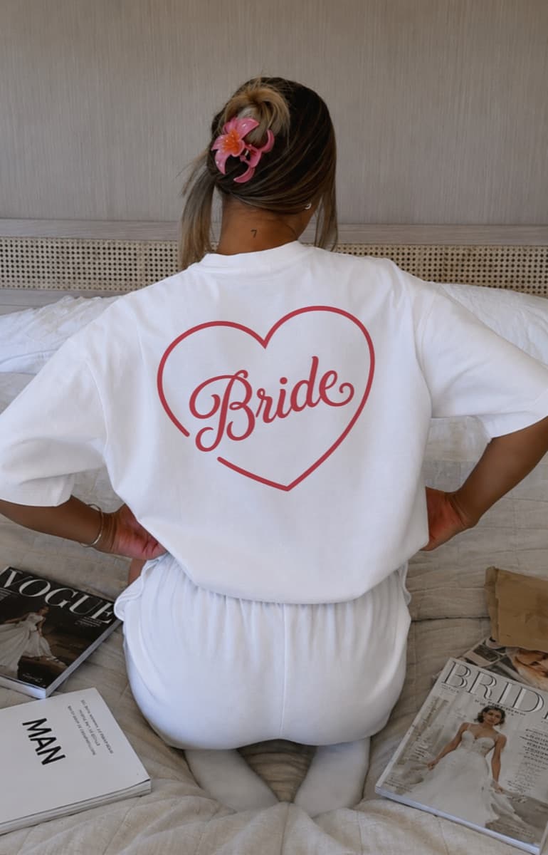 Bride heart graphic on a white shirt